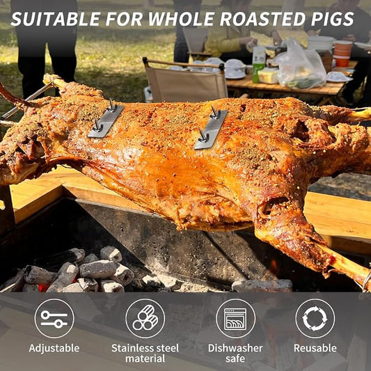 Angled Top Fully Threaded Rotisserie Forks, 5.9 Inches Stainless Steel Pig Spine Trussing Parts, Tapered Prongs for Easy Insertion, Universal Spit Rod Fit, 2 Pack for BBQ Pig, Hog & Lamb