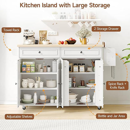 ComfyCorner 58" Rolling Kitchen Island with Storage, Island Table for Kitchen with Power Outlet, Multi-level Kitchen Islands on Wheels, Mobile Bar Cart with Spice Rack, Towel Rack, Knife Holder, White