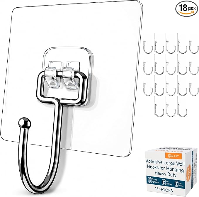 Adhesive Wall Hooks for Hanging, Heavy Duty No Drill, 22 lbs, 18 Pack | GLUIT Adhesive Wall Hooks for Hanging, Transparent Waterproof Sticky Towel Hook for Bathroom Kitchen Home Outdoor