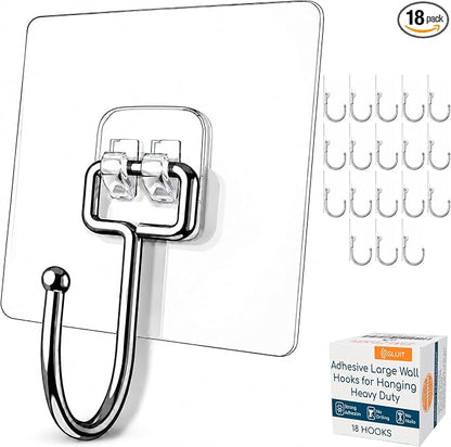 Adhesive Wall Hooks for Hanging, Heavy Duty No Drill, 22 lbs, 18 Pack | GLUIT Adhesive Wall Hooks for Hanging, Transparent Waterproof Sticky Towel Hook for Bathroom Kitchen Home Outdoor