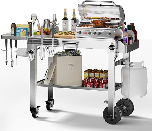 Electactic Food Grade 304 Stainless Steel BBQ Grill Carts fits 22'' Tabletop Griddle, Outdoor grill Table with 4 Foldable Legs, Portable Grill Stand for RV, Camping, Tailgating