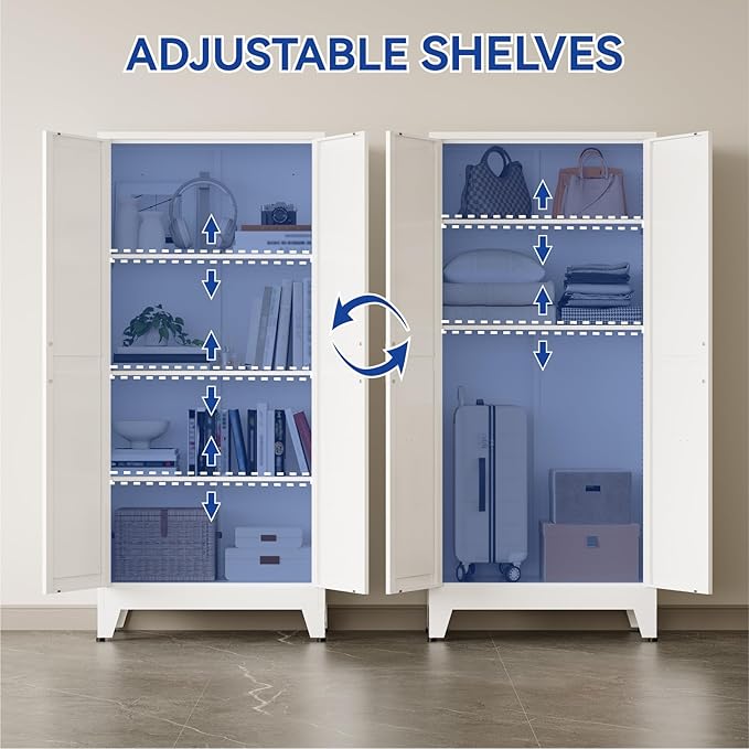COFaR Metal Pantry Cabinet with Doors, Farmhouse 61'' Tall Storage Cabinet with 3 Adjustable Shelves, Kitchen Pantry Cabinet for Dinning Room, Laundry, Bathroom, Garage, White 4-Tier