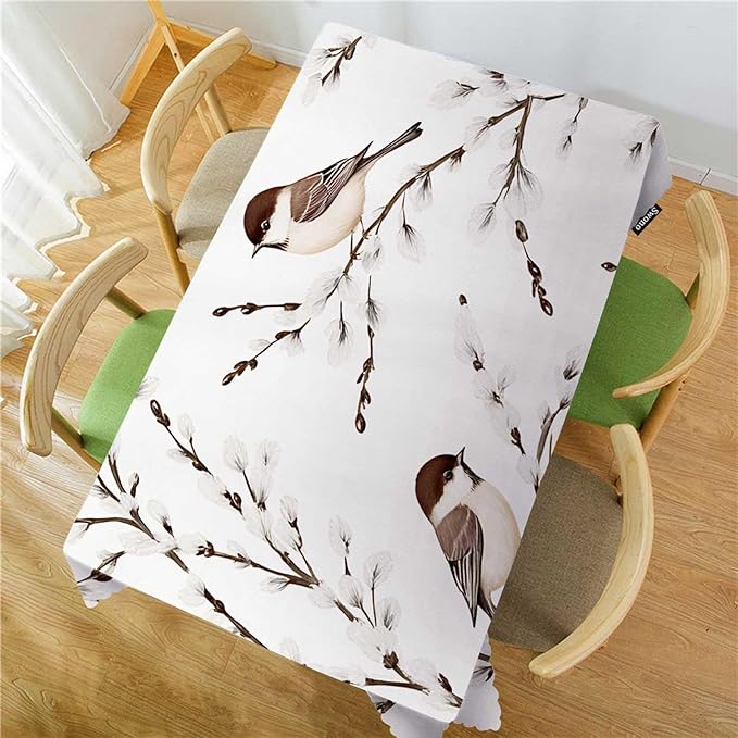 Swono Bird Tablecloth Willow Branches and Birds Chickadee Decorative Oblong Table Cover for Kitchen, Dining, Party Banquet and Holiday Tablecloth, 52x70 Inch(4-6 Seats)