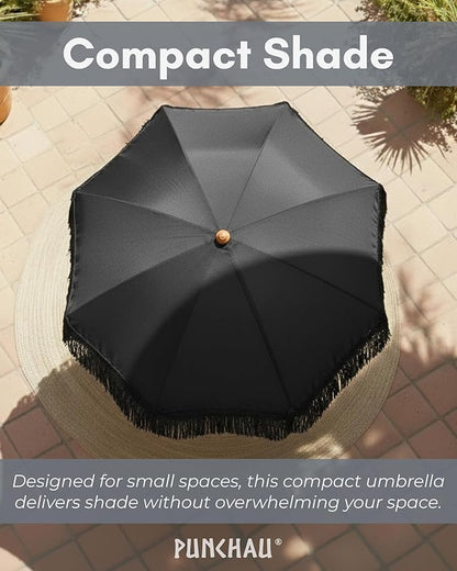 6 Ft Fringe Patio Umbrella - Outdoor Umbrella for Patio, Pool, Table, Garden, Deck, Beach, and Outdoors - Fashionable Boho Vintage Tassels & Wood Print - Push Button Tilt Pole