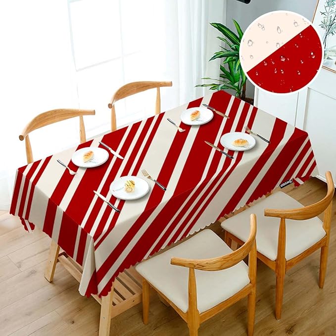 Swono Tablecloth 52"X70" Red and Cream Stripes, Christmas Pattern Candy Cane Lines Rectangle Table Cover Anti-Oil Tablecloth for Dining Tables, Parties, Wedding and Banquet Decoration