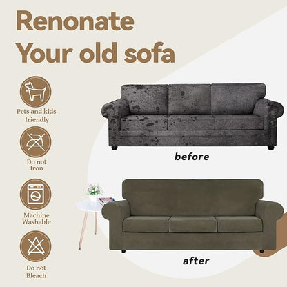 WEERRW 4-Piece Couch Cover for Sofa Velvet Sofa Cover Washable, Light Brown | Sofa Covers for 3 Cushion Couch Furniture Protector Sofa Slipcovers with Non Slip Elastic Bottom, Pet Friendly, Large