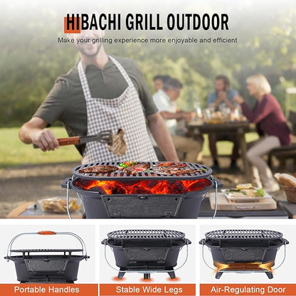 Portable Cast Iron Hibachi Grill - Pre-Seasoned Charcoal Grills, Double-Sided Grate & Adjustable Air Vents, BBQ for Camping, Backyard, Tailgating (Ellipse)