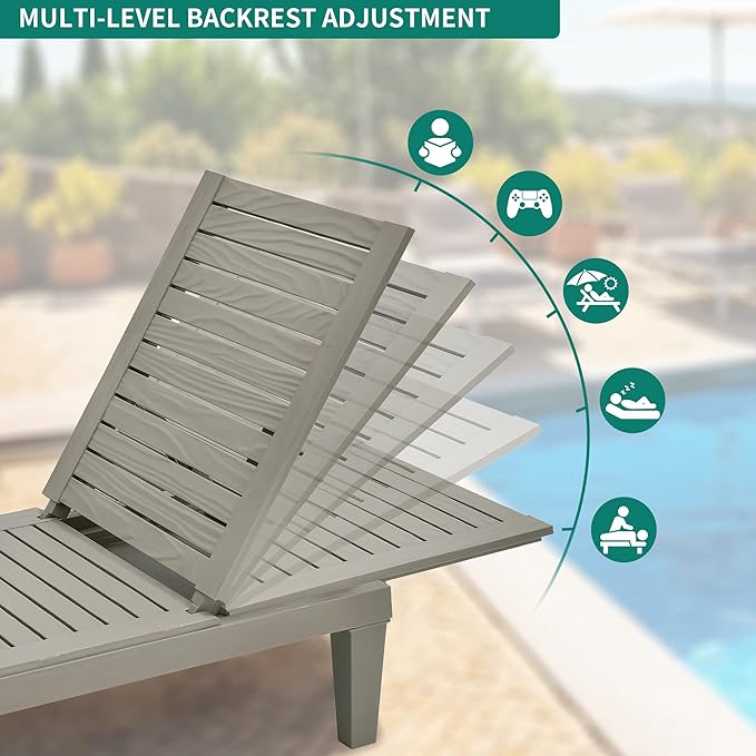 YITAHOME Chaise Lounge Chairs for Outside with Cushion & Adjustable Backrest, Sturdy Loungers for Patio Poolside, Easy Assembly & Waterproof & Lightweight with 265lbs Weight Capacity, Set of 4, Taupe