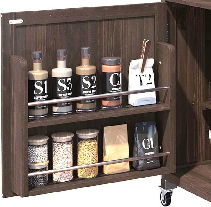 Outdoor Kitchen Island with Raised Shelf,Solid Wood Storage Cabinet with Stainless Steel Top,Outdoor Rolling Grill Cart with Internal Storage Rack, Adjustable Shelf,Spice Rack (Brown#028)