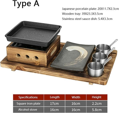 Japanese BBQ Grill Set, Portable Alcohol Barbecue Stove with Non-Stick Baking Pan, Dinner Plate, Seasoning Cups, and Wooden Base for Yakiniku, Yakitori,A