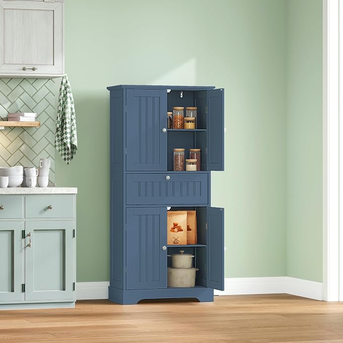 ChooChoo 51" H Bathroom Floor Cabinet with Drawers and Adjustable Shelves | Bathroom Storage Cabinet, Freestanding Kitchen Pantry Cupboard with 4 Doors for Living Room, Blue