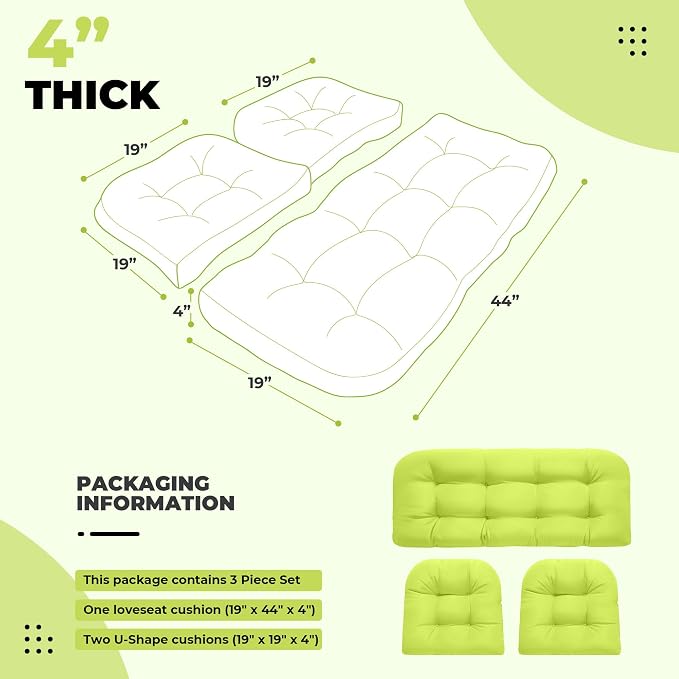 DANGHOOGY Wicker Chair Cushions, Waterproof Outdoor Loveseat Cushions for Patio Furniture, Tufted Wicker Furniture Cushions, 1 Loveseat and 2 U-Shaped Cushions, Light Green