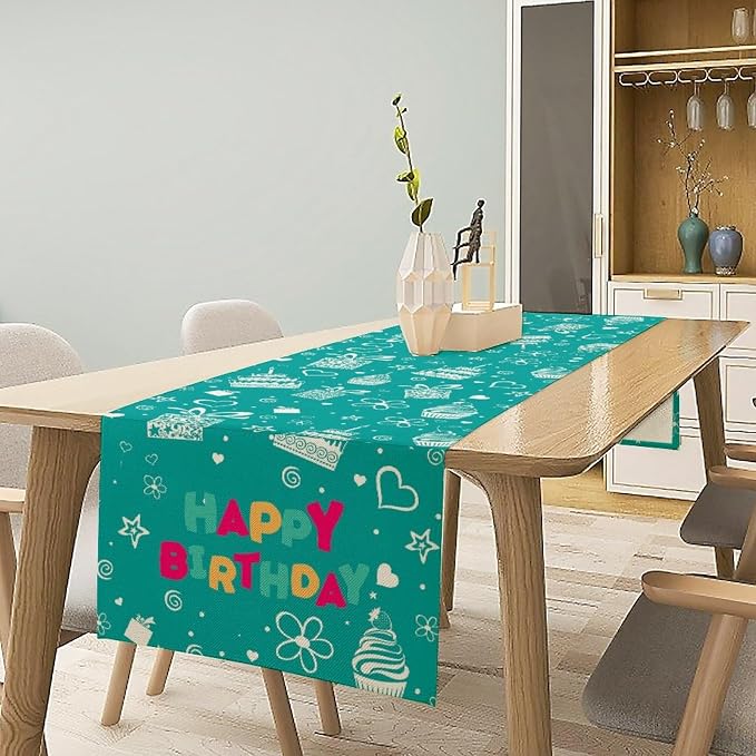 Happy Birthday Table Runner Decor, Blue with Cake and Gifts Table Runner Celebrate Summer Holiday for Holiday Party, Birthday Decorations for Children 13x120in