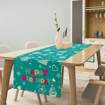 Happy Birthday Table Runner Decor, Blue with Cake and Gifts Table Runner Celebrate Summer Holiday for Holiday Party, Birthday Decorations for Children 13x70in