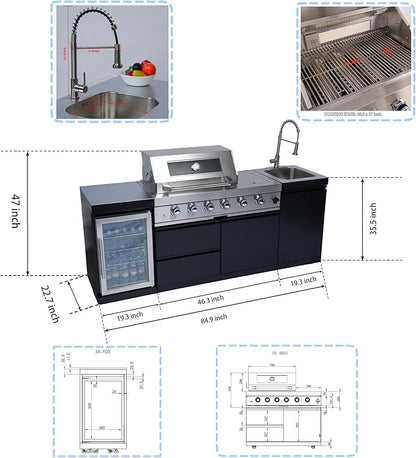 85-Inch Outdoor Kitchen Bar Island Grill with 72000 BTU, Propane Gas, 4-Burner Outdoor Kitchen Bar Island Grill with Wine Cooler Compact Refrigerator, Rotisserie Kit, Stainless Steel Countert, Black