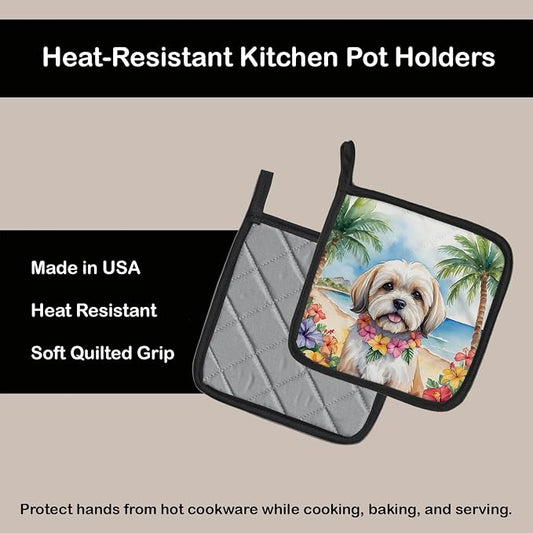 Caroline's Treasures Lhasa Apso Luau Pair of Pot Holders Kitchen Heat Resistant Pot Holders Sets Oven Hot Pads for Cooking Baking BBQ, 7 1/2 x 7 1/2