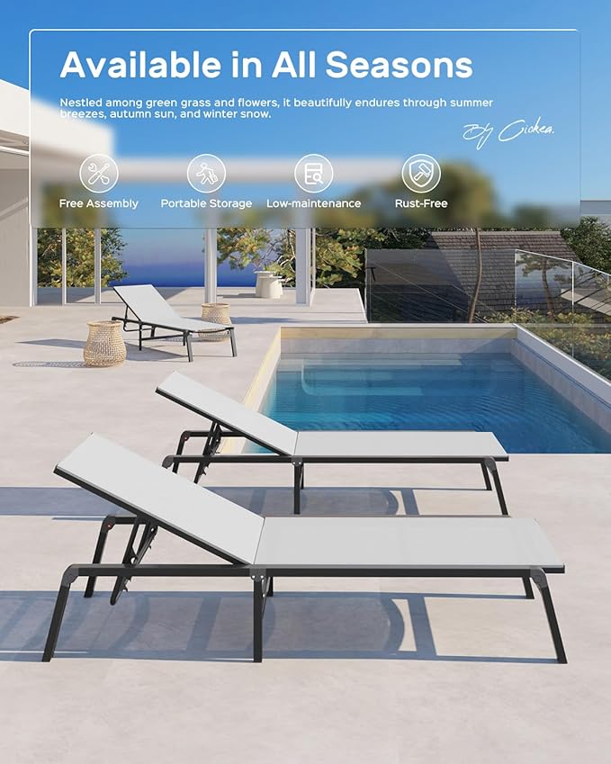 Ciokea Aluminum Chaise Lounge Ourdoor - Foldable & Assemble Free Outdoor Lounge Chair with 5 Adjustable Backrest, Patio Lounge Chair for Outside Poolside Beach Pool, White