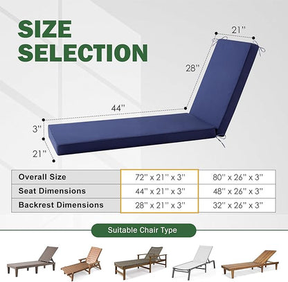 2 Pcs Chaise Lounge Cushions Outdoor, 72x 21x 3 Inch Waterproof & Fade-Resistant Lounge Chair Cushion, Outdoor Chaise Cushion with Ties for Lawn, Patio, Pool & Beach, Navy Blue
