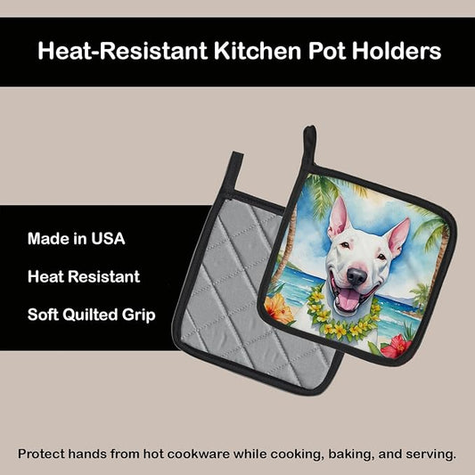 Caroline's Treasures Bull Terrier Luau Pair of Pot Holders Kitchen Heat Resistant Pot Holders Sets Oven Hot Pads for Cooking Baking BBQ, 7 1/2 x 7 1/2