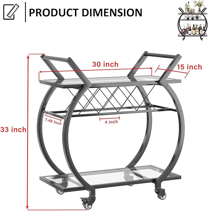 LVB Bar Cart with Glass, Black Bar Cart with Wheels, Home Bar Serving Cart | 2 Tier Glass Shelves Bar Cart with Storage, Wine Cart with Wine Rack, Liquor Cart for Kitchen, Bar, Dinning Room