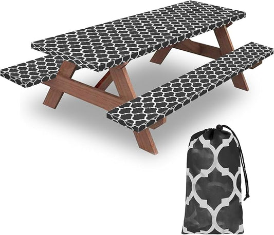 7ft 84in Picnic Table and Bench Cover, 3 Pack, Black-White Moroccan | Drawstring Bag, Waterproof Windproof, Elastic Fitted Edges Tablecloth, for Rectangle Table & Seat, Camping Essentials RV Gear