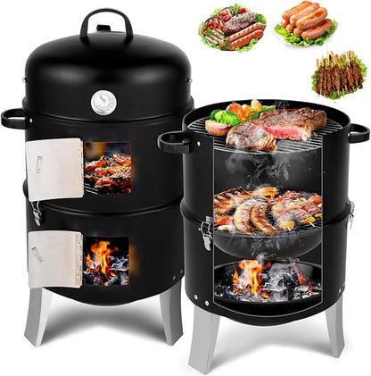 Round Charcoal Grill Portable Barbecue Grills with Thermometer, Double Layer Iron BBQ Grill for Garden Party Picnic Hiking Travel Backyard Cooking, Easy to Assemble, Asadores de Carbon (Black)