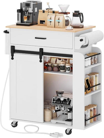 YATINEY Kitchen Island with Storage, Mobile Kitchen Cart with Charging Station, Kitchen Island on Wheels, Rolling Island Table with Sliding Cabinet Door, White and Natural ZD01UWN