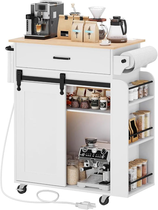 YATINEY Kitchen Island with Storage, Mobile Kitchen Cart with Charging Station, Kitchen Island on Wheels, Rolling Island Table with Sliding Cabinet Door, White and Natural ZD01UWN