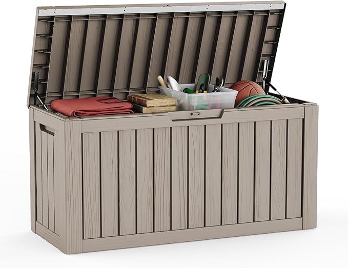 Pepe Tee Waterproof Resin Deck Box, Outdoor Storage Bin for Patio Furniture Cushions, All-Weather Garden Organizer & Seating Bench, Coffee