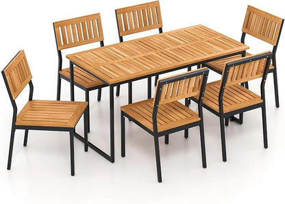 Tangkula 7 Piece Outdoor Dining Set for 6, Acacia Wood Rectangular Dining Table & 6 Armless Chairs w/Metal Frame, Umbrella Hole, Farmhouse Dining Furniture Set for Garden Porch Poolside