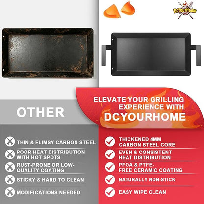 Universal Carbon Steel Griddle for Gas Grill, Stove top & Induction Cooktop | Griddle Pan Fits Versatile Stovetop Oven; Flat Top Plate for Charbroil Etc. All Gas & Charcoal Grill 24" x 10" with gloves