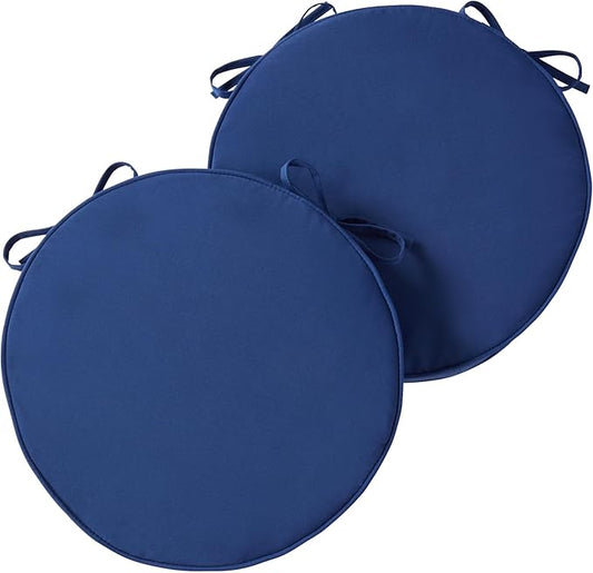 Set of 2 Outdoor 18 inch Round Patio Dining Chair Pads – Comfortable Fiber-Filled Seat Cushions with Ties, Reversible Polyester Fabric - Marine Blue