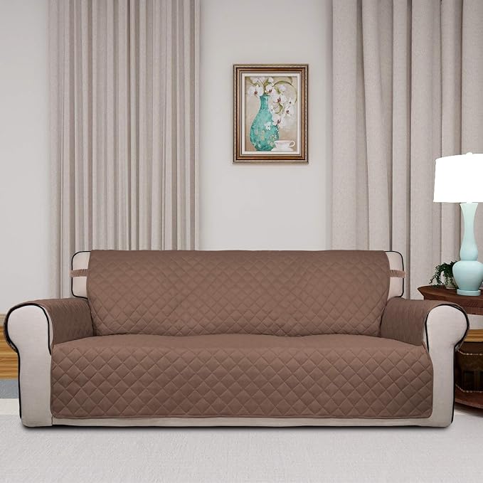 PureFit Reversible Quilted Sofa Cover, Water Resistant Slipcover Furniture Protector, Washable Couch Cover with Non Slip Foam and Elastic Straps for Kids, Pets (X Large, Brown/Beige) | Brown/Beige, Water Resistant Couch Protector, Washable Pet Couch Co...