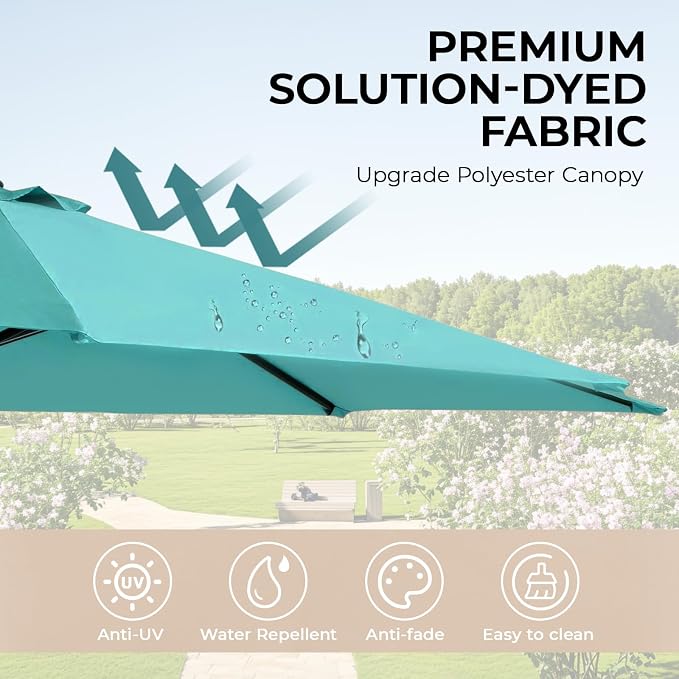 15ft Patio Umbrella with Base, 10-Year-No-Fade Large Outdoor Double-Sided Market Umbrella with UPF50+Terylene Polyester Fabric and Crank for Poolside Garden Deck Backyard Beach Pools
