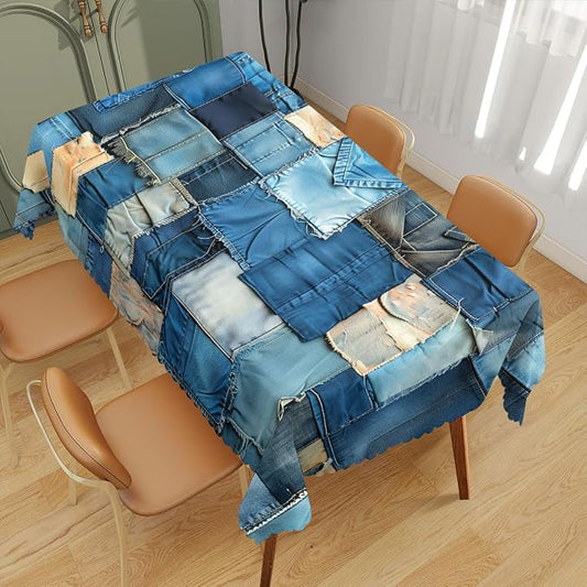 Denim Patchwork Table Cloth Vintage Romance Indigo Rectangle Polyester Table Cloths Kitchen Table Cover for Dining BBQ Picnic Coffee Table 52 x 70 Inch 4-6 Seats
