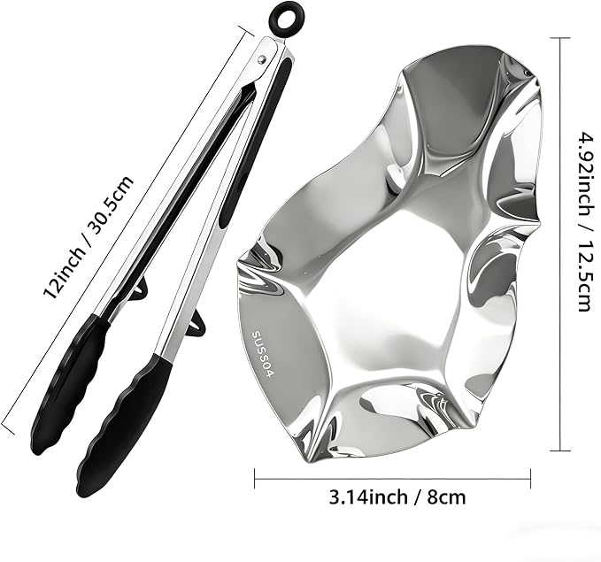 16PCS 304 stainless steel oyster grill tray and silicone tongs set, ideal for grilling oysters, shrimp, scallops, and clams.