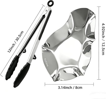16PCS 304 stainless steel oyster grill tray and silicone tongs set, ideal for grilling oysters, shrimp, scallops, and clams.