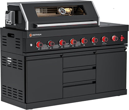 6+1 Burner Propane Modular Outdoor Kitchen Grill Module, 99500 BTU Black Stainless Steel BBQ with Side Burner for Patio Island Backyard Events Large Entertaining LPG