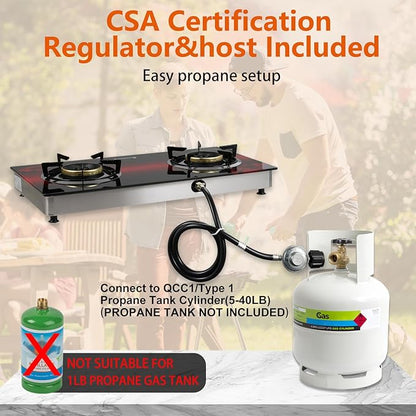 2 Burner Propane Gas Stove with Auto Ignition, 29000 BTU High-Efficiency Heavy-Duty Tempered Glass Cooktop, CSA Regulator & Hose Included, for Outdoor Camping Emergency