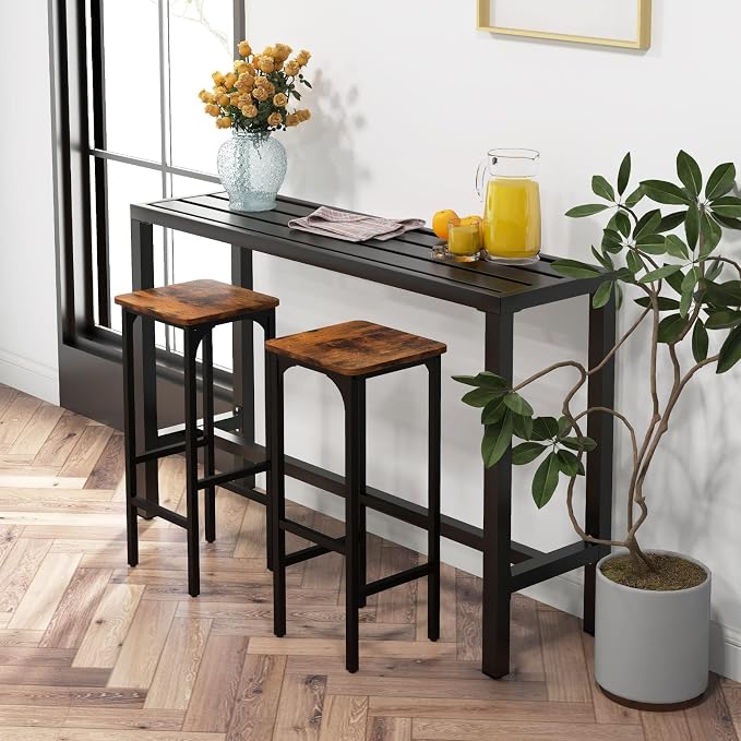 COSTWAY Outdoor Bar Table 55-inch Wide, Narrow Counter Height Dining Table with Waterproof Top and Heavy-Duty Metal Frame, Rectangular Pub Table for Garden Patio Backyard Poolside, Black | with Waterproof Top and Heavy-Duty Metal Frame, Rectangular Pub...