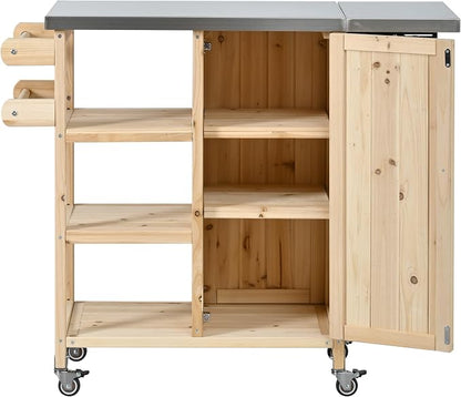 JIVOIT Outdoor Kitchen Island with Foldable Stainless Steel Tabletop, Patio Fir Wood Kitchen Cart Portable Prep Station with Lockable Wheels, Storage Cabinet and Towel Rack (Natural/123)