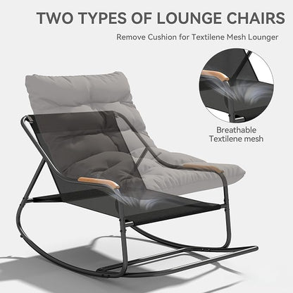 DWVO Oversized Rocking Chair, Textilene Patio Rocking Chair w/2.8" Thick Cushion & Teak Armrests, All-Weather Patio Lounge Chair for Backyard, Lawn, Garden, Black