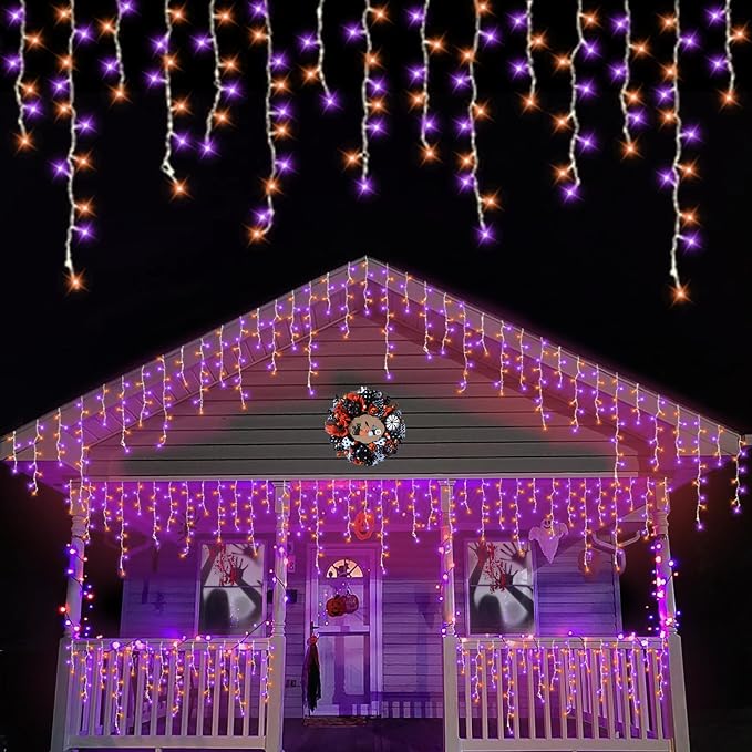 QITONG Orange and Purple Halloween Lights, 66ft 800 LED Icicle Lights for Outside Plug in, Clear Wire Connectable String Light Indoor with 8 Modes
