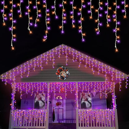 QITONG Orange and Purple Halloween Lights, 66ft 800 LED Icicle Lights for Outside Plug in, Clear Wire Connectable String Light Indoor with 8 Modes
