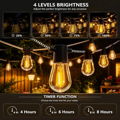 Solar String Lights Outdoor, 31FT Braided Cord, 20 Edison LED Bulbs, Remote | USB Charging, 8 Modes, 4 Brightness Levels, Timer, 15-20H Runtime, 2200K Warm Glow, IP44 for Patio, Gazebo, Cafe and Camping