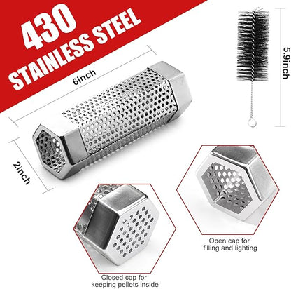 Pellet Smoker Tube,Premium Stainless Steel Portable Barbecue Smoking Tube,5 Hours of Billowing Smoke - Hot or Cold Smoking,6'' Smoker Tube with Brush and Hook for All Grill, Smoker