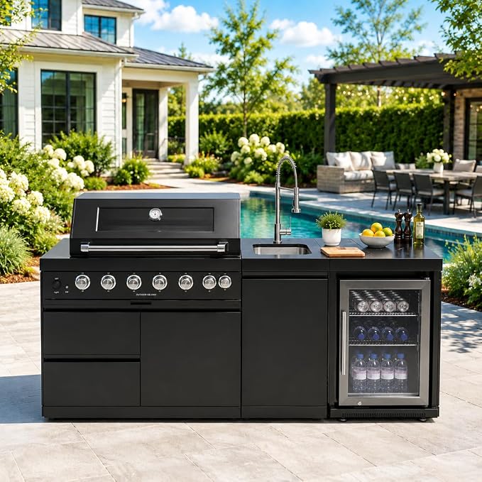 82-Inch Outdoor Kitchen Island, 6-Burner 85,000 BTU Modular Propane Gas Stainless Steel BBQ Grill with Refrigerator, Rotisserie Kit, Stainless Steel Countertop, Storage Cabinets & Drawers, Black