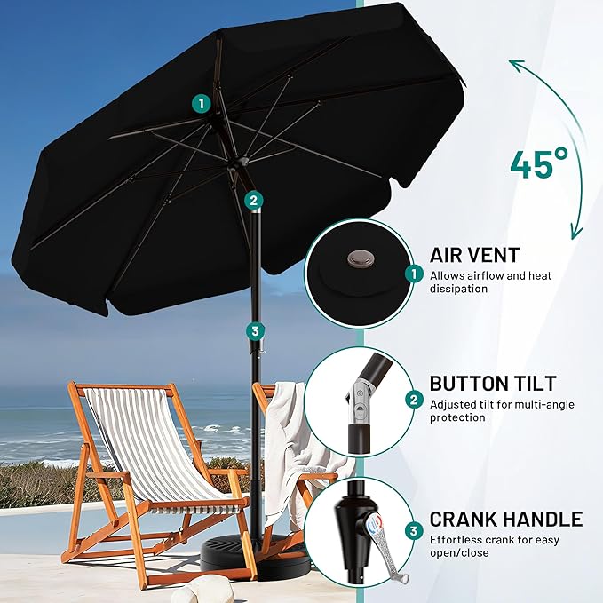 AreShark 9FT Valance Patio Umbrella, Outdoor Table Umbrella with Tilt and Crank, Outdoor Market Umbrellas W/ 8 Sturdy Ribs UV Protection for Garden, Deck, Backyard and Pool, Black