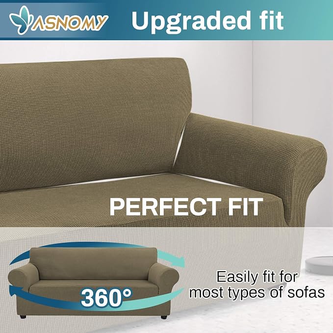 Asnomy Stretch Couch Covers for 3 Cushion Couch, Khaki | 1-Piece Sofa Covers(78"-94") 3-Seater Furniture Protector Soft Jacquard,Non-Slip Elastic Bottom For Dogs & Kids