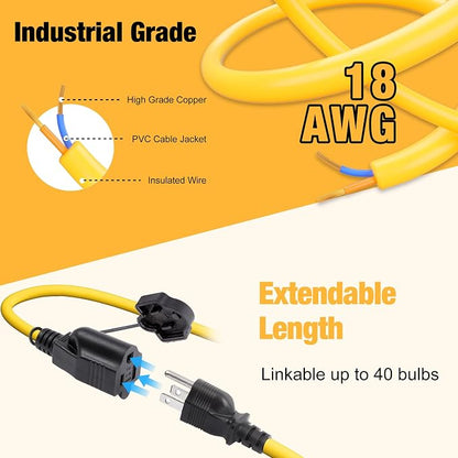 3-Prong 100FT Construction String Lights, IP65 Waterproof ETL Certified String Work Lights, 5000K Daylight 18AWG Wire Linkable Temporary Construction Lighting for Jobsite with 10 Bulbs & Hooks